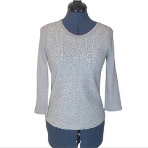 J. Crew grey floral embroidery 3/4 sleeve crew neck top XS